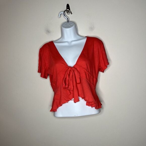 We The Free Top Womens XS Red Boho Ruffle Front Tie Cotton Crop - Picture 10 of 13